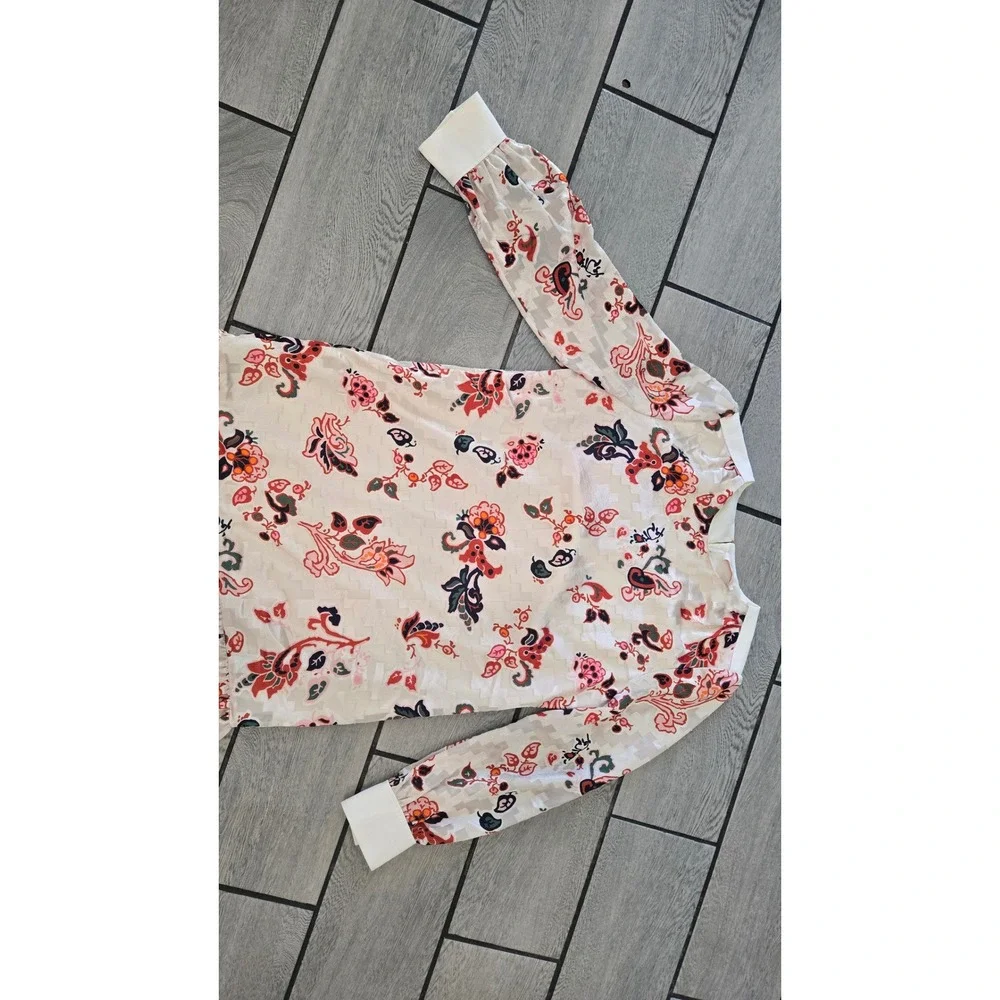Tory Burch Cream Floral Devore Burnout Ruffle Mini Dress Size 8 Long Sleeve